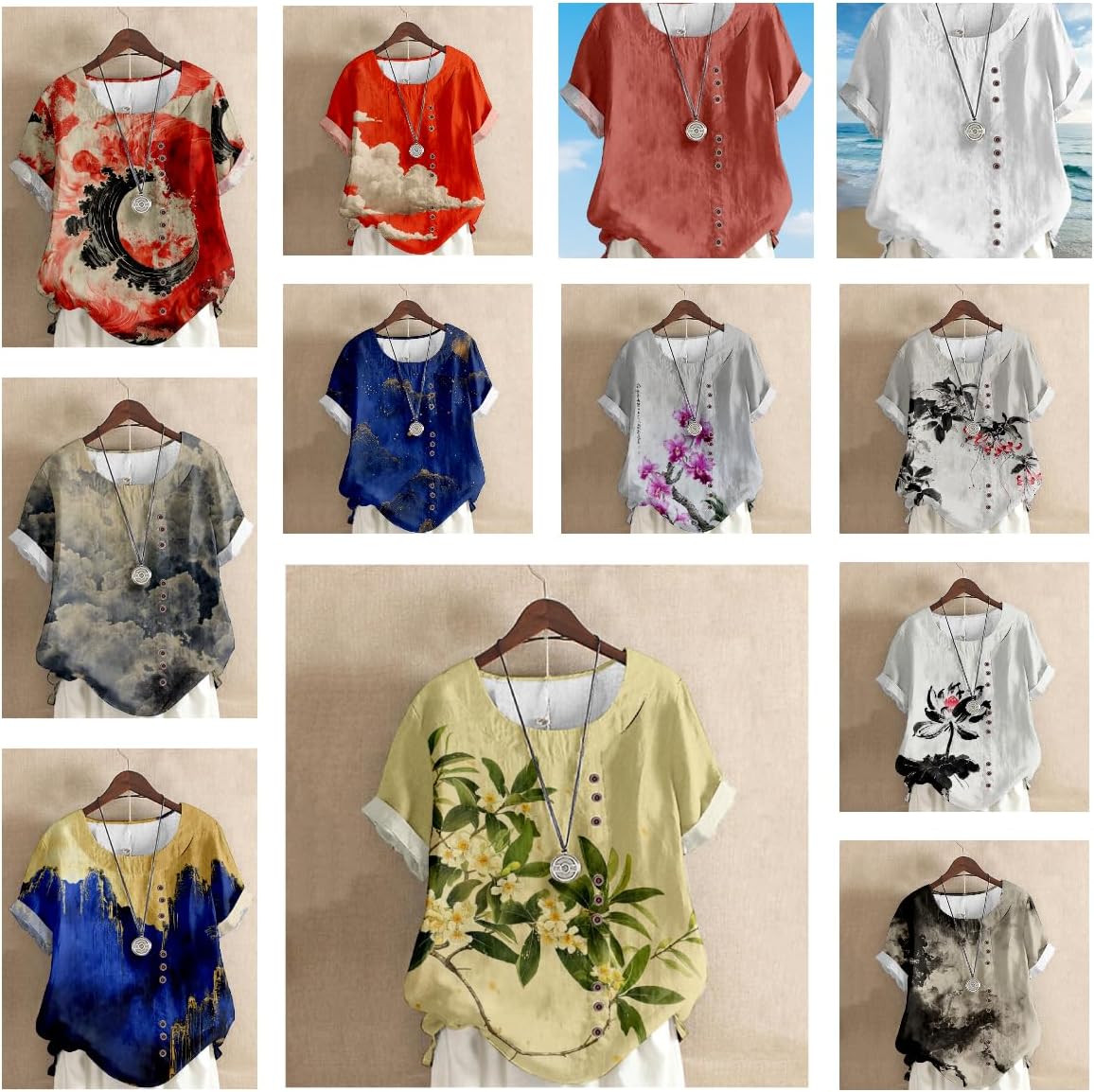 Summer Tops for Women 2024 Linen Blend Japanese Floral Print Casual Short Sleeve Plus Size Shirts - Image 5