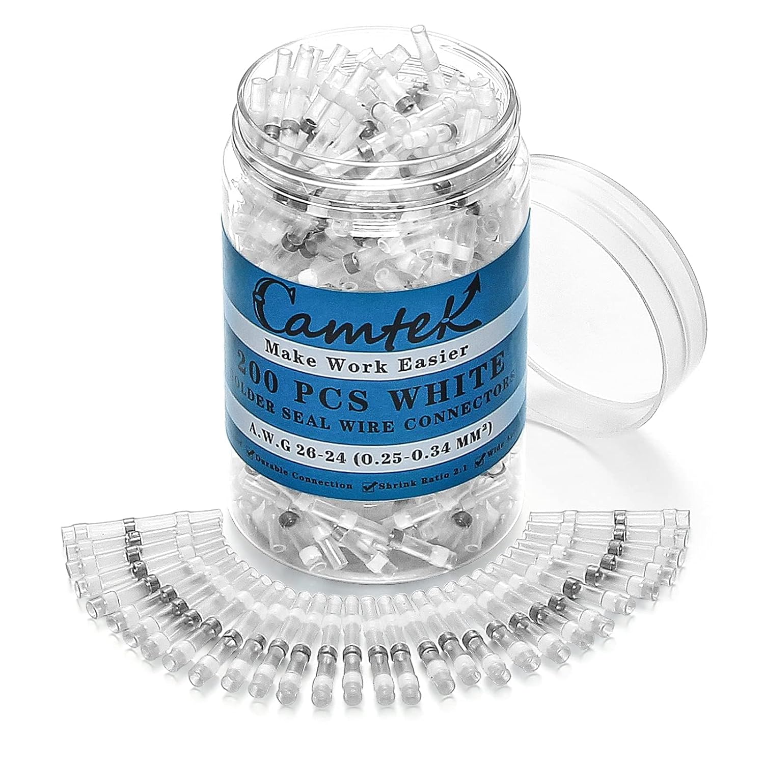 Camtek 200pcs 26-24 AWG White Solder Seal Wire Connectors - Waterproof Heat Shrink Butt Splices, Marine Grade for Automotive & Marine Wiring