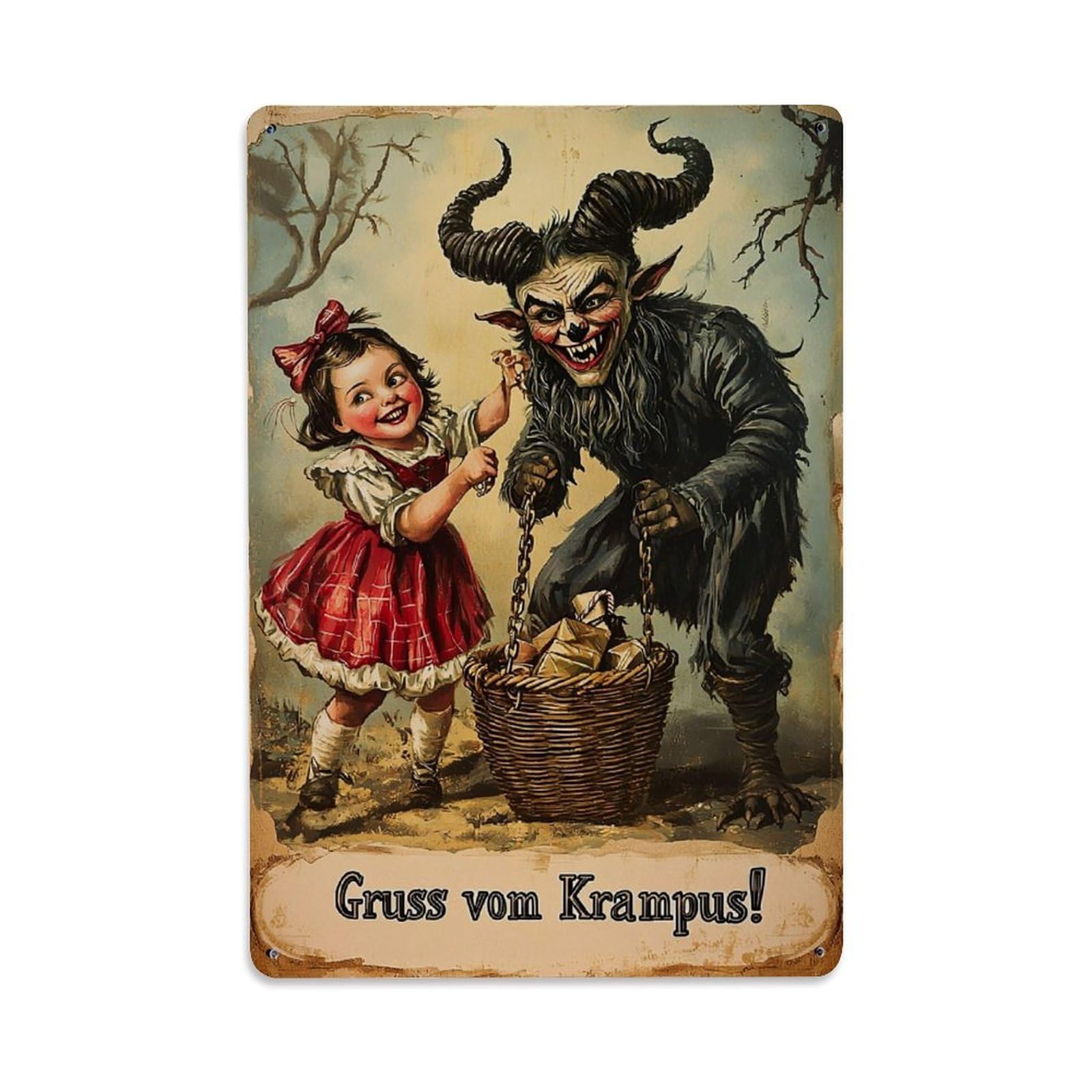 Jdyaojiesheng Girls Vintage Krampus Basket Chains Horns Tin Sign Retro Metal Wall Decor Metal Poster, Home Bar Garage Farmhouse Cafe Wall Art Decoration 8X12inches