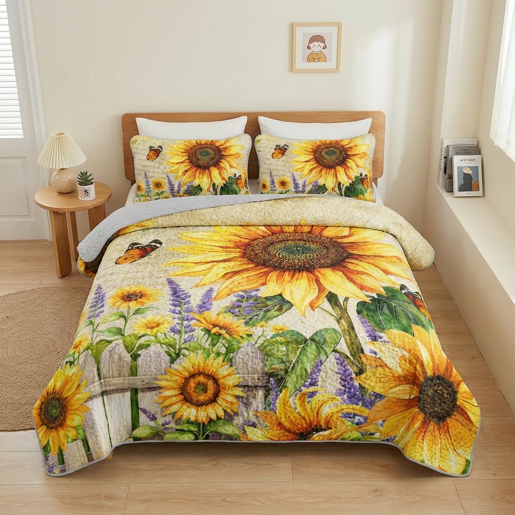 AILONEN Sunflower Yellow Quilt King Size Bedding Sets with 2 Pillowcases,Lightweight Soft Bedspread Coverlet,Vintage Floral Comforter Decor Bed Cover for All Season,3-Pieces