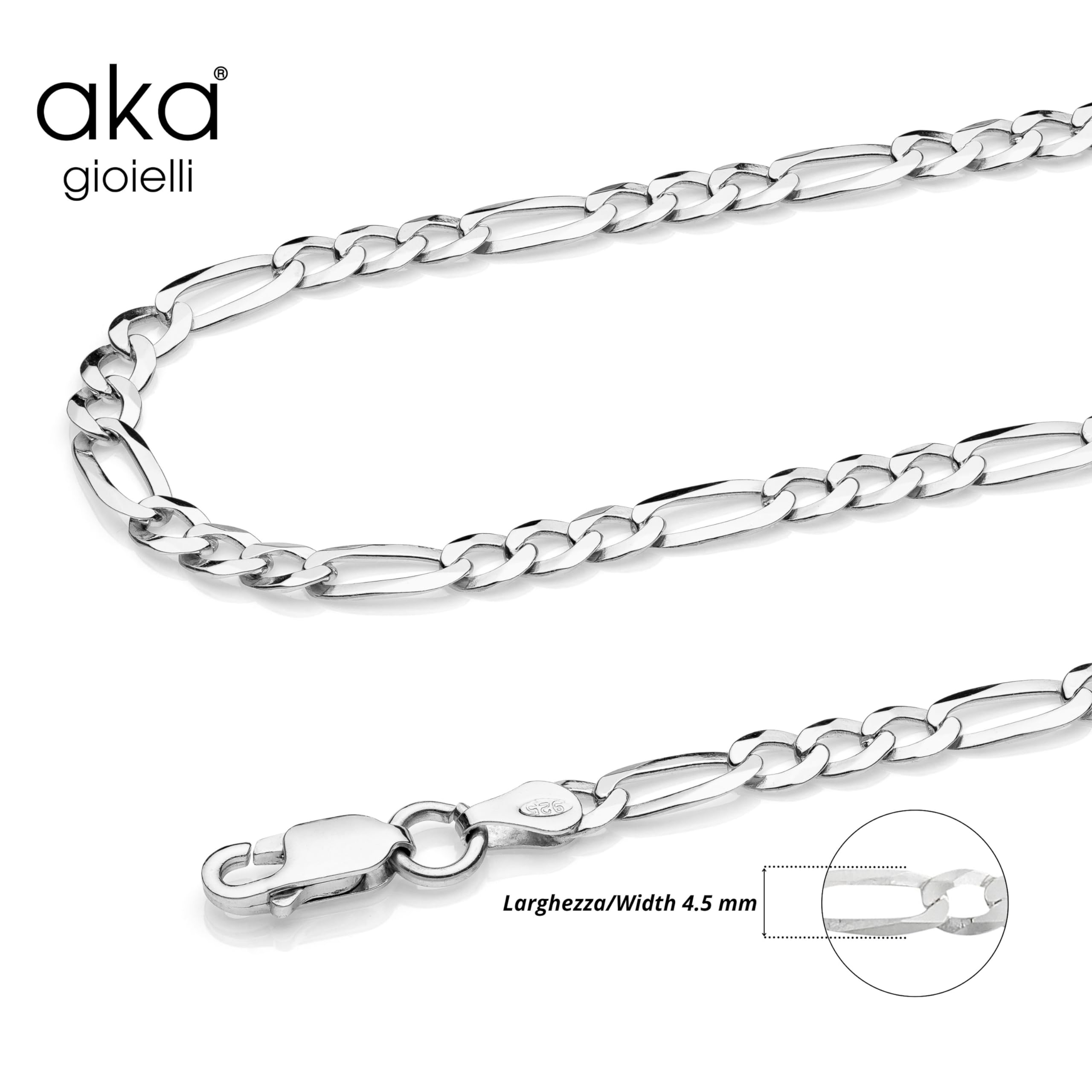 Aka Gioielli - Catena Maglia Figaro 4.4mm in Argento Sterling 925 Rodiato - Collana Uomo Donna Lunghezza: 45 50 55 60 65 70 75 cm