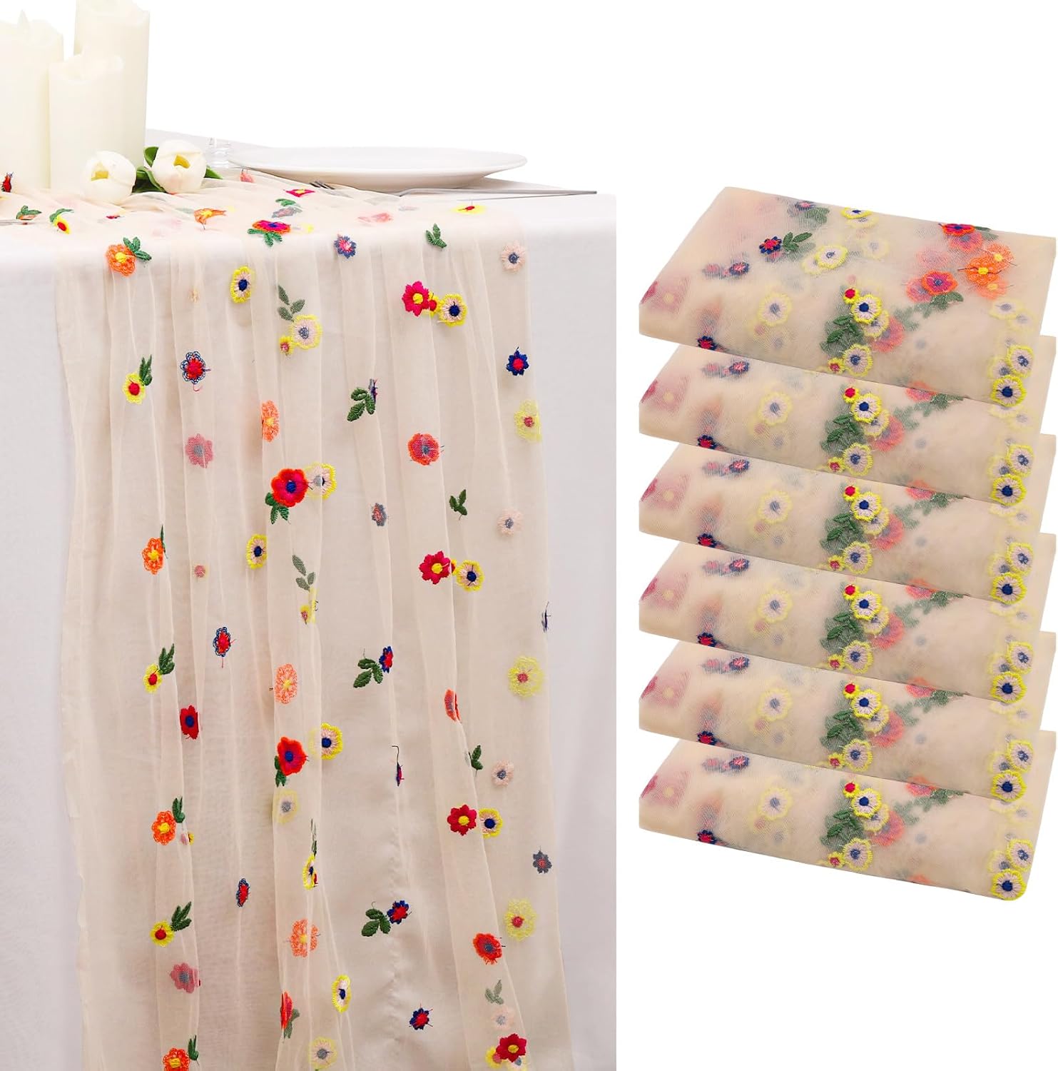 6pcs Champagne Daisy Fall Table Runner Embroidery Gauze 10FT Florals Seasonal Tulle Holiday Birthday Kitchen Dining Table Decor for Home Party