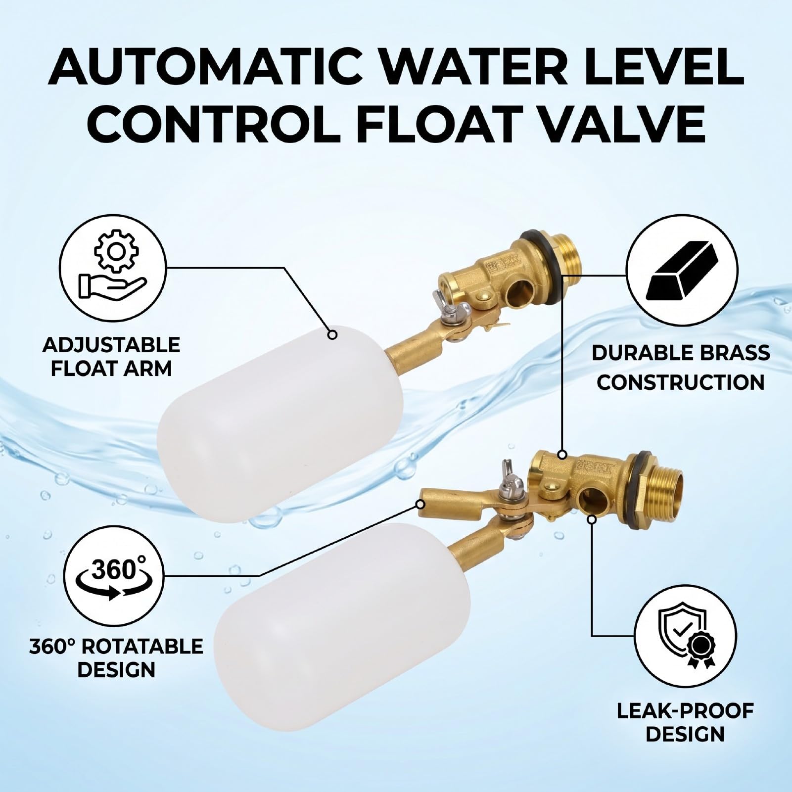 Valvola a Galleggiante di Ricambio in Ottone da 1/2 Pollice, Riempimento Automatico e Controllo del Livello Dell'acqua con Braccio Regolabile, Valvola a Sfera a Galleggiante