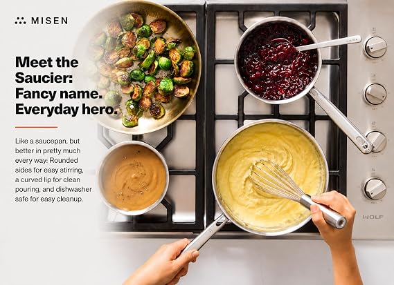 Misen 5-Ply Stainless Steel Saucier with Lid Induction-Compatible Pan with Curved Sides for Smooth Stirring - Oven Safe to 800F Even Heat Distribution & Ergonomic Handle - 3 QT