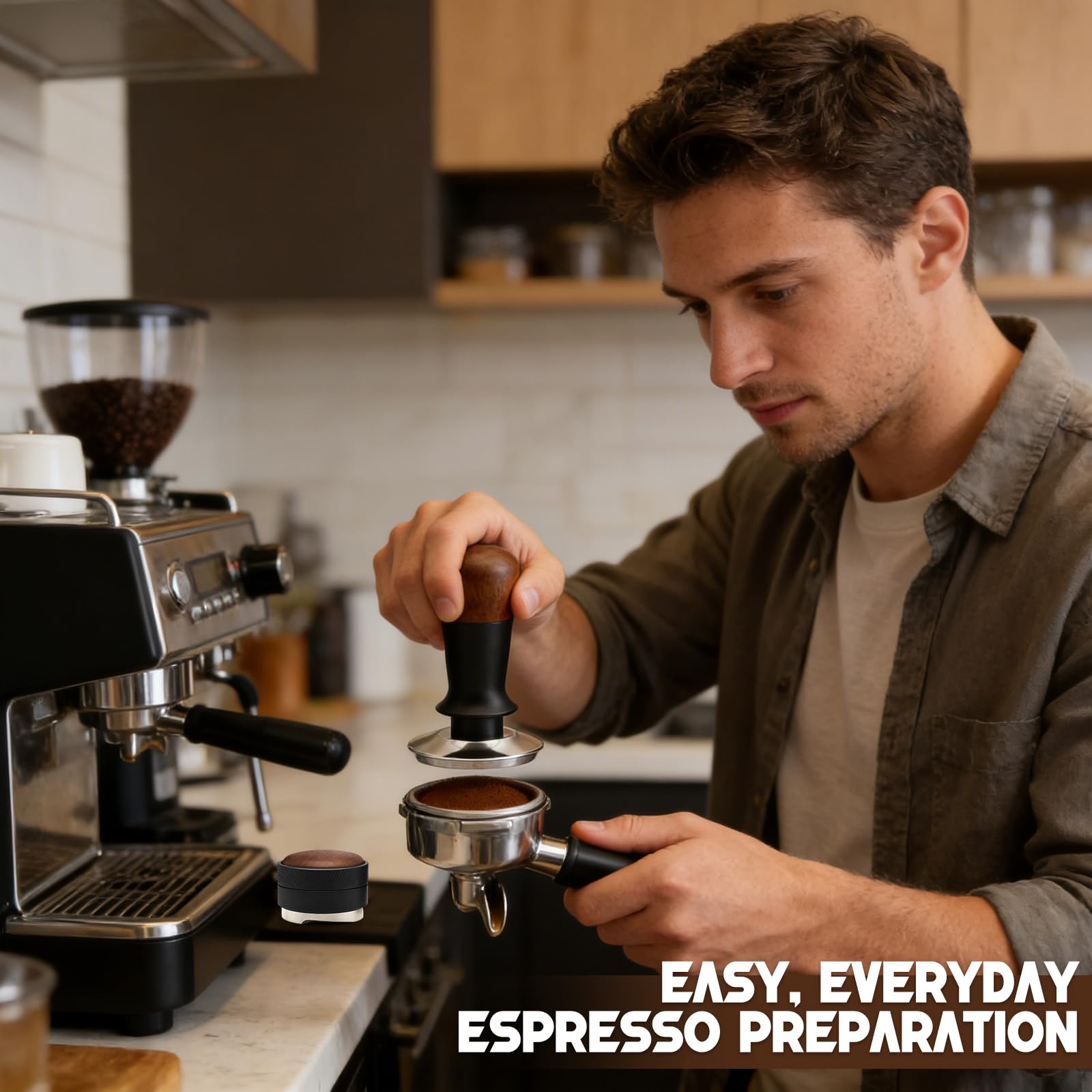 Tamper Café 58mm Professionnel, Distributeur de Poudre 58mm et Tapis en Silicone – Kit Barista Premium pour Espresso, Base Inox, Manche Bois, Outil de Tassage Compatible Porte-Filtre 58mm