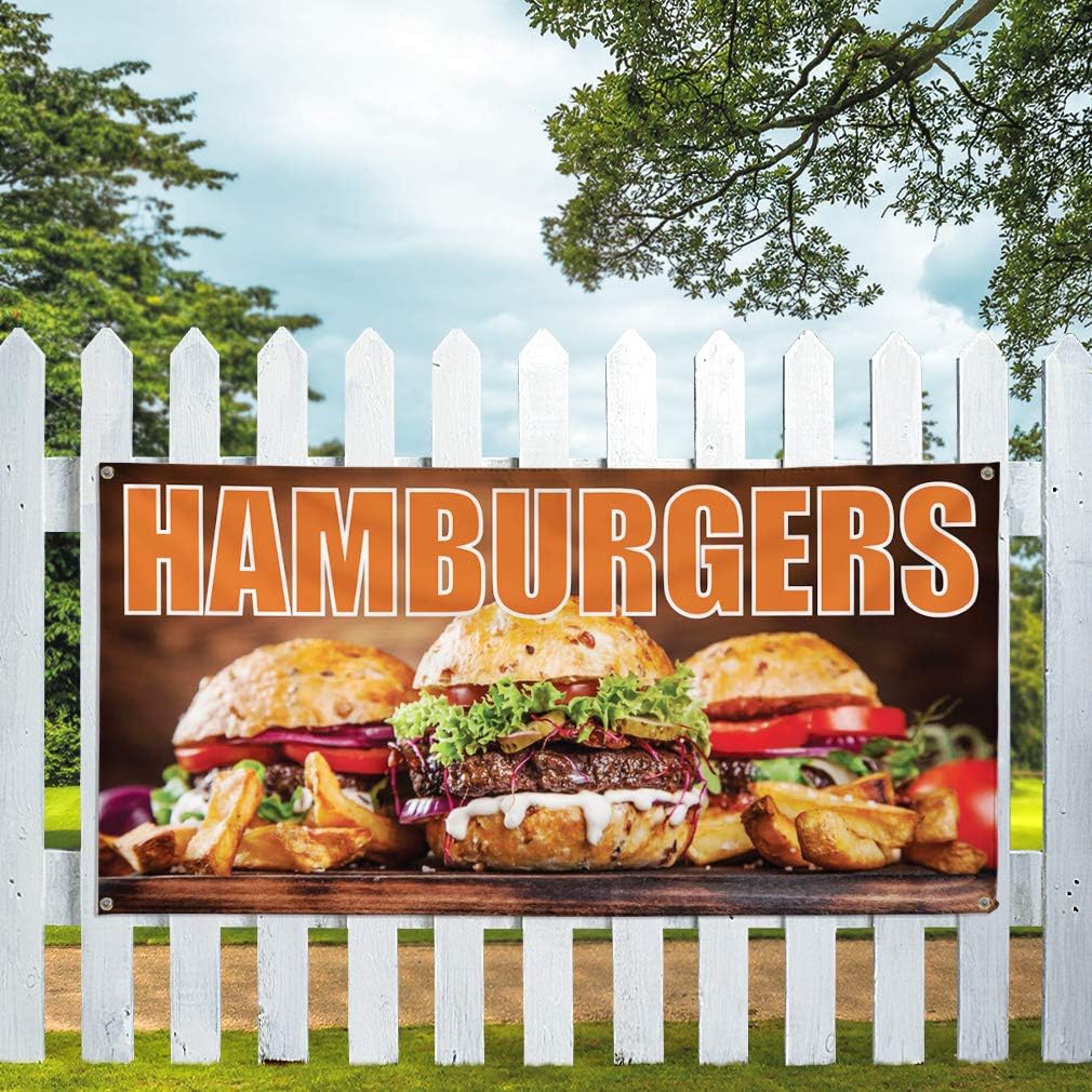 Vinyl Banner Multiple Sizes Hamburgers Outdoor Advertising Printing B Restaurant & Food Outdoor Weatherproof Industrial Yard Signs Brown 4 Grommets 16x40Inches
