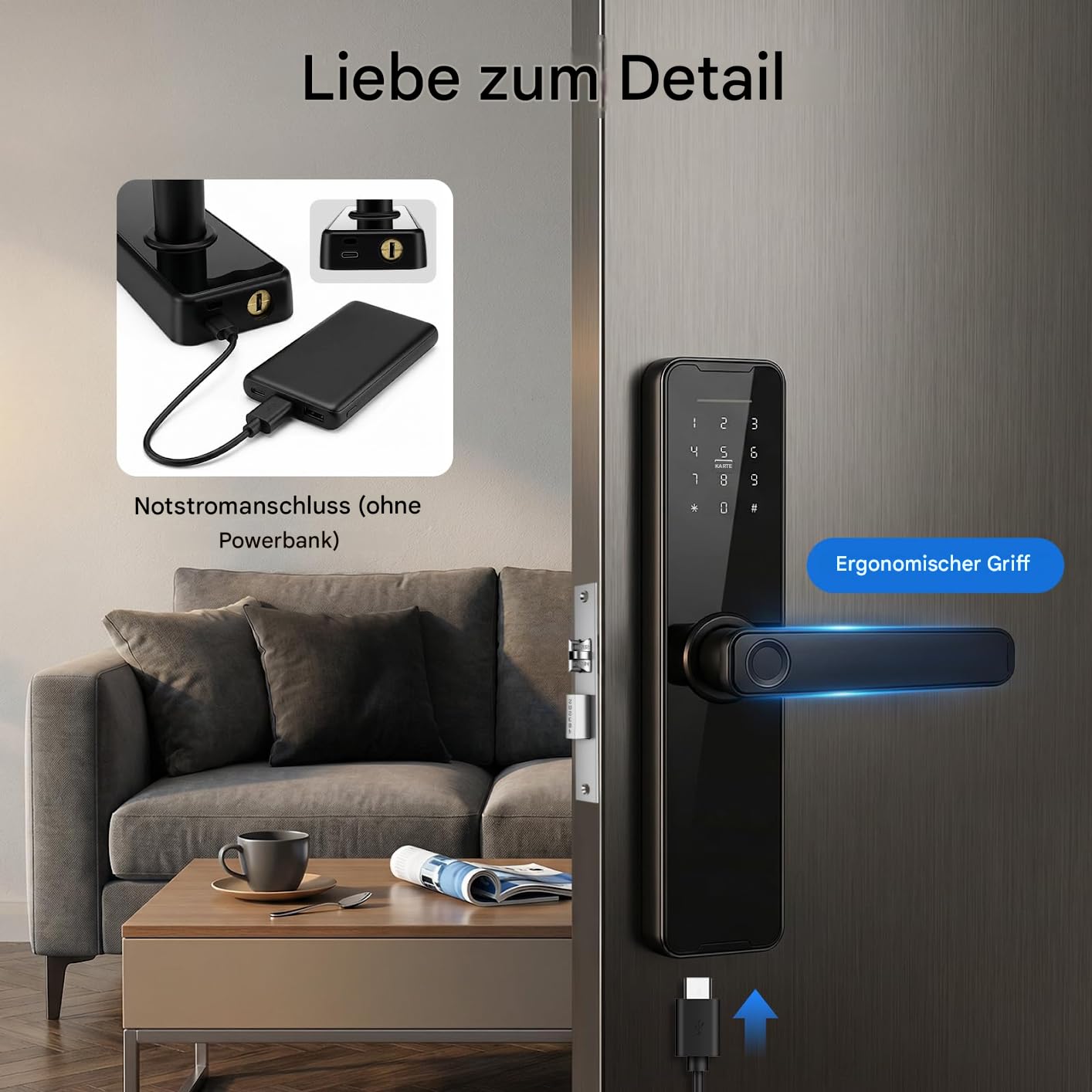 Inteligentny zamek do drzwi, 5 w 1, elektroniczny zamek ryglowy z odciskiem palca + kodem + kartą, kluczem, tymczasowym hasłem, sterowanie aplikacją TUYA, do drzwi 30-50 mm (czarny)