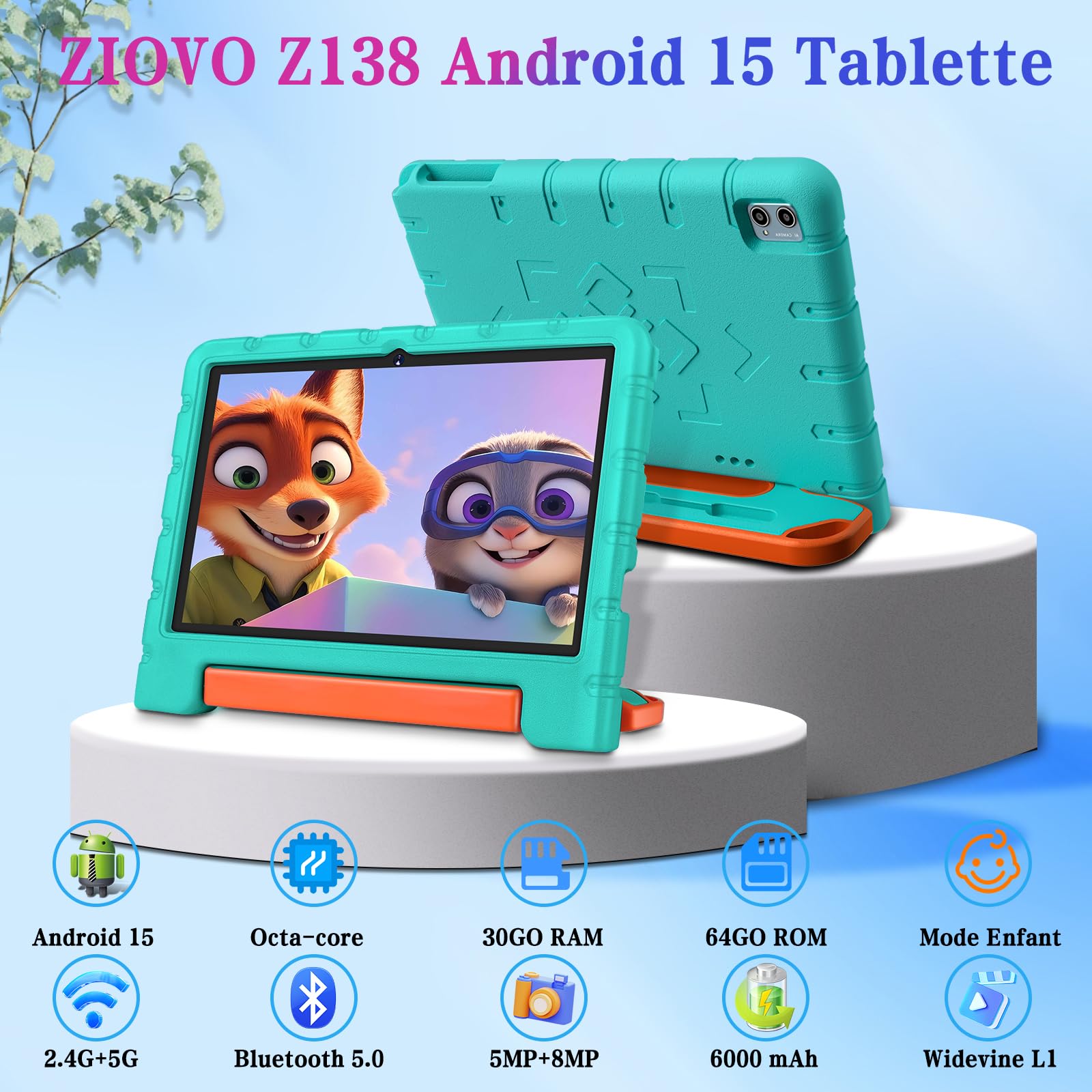 ZIOVO Tablet Bambini 10 Pollici Tablets Android 15, 30GB RAM+64GB ROM(TF 2TB), 5G WiFi Tablets,Gemini AI/Octa-Core/Widevine L1/Face ID/Parentale Controllo/6000 mAh/BT 5.0, Tablet con Eva Caso-Verde