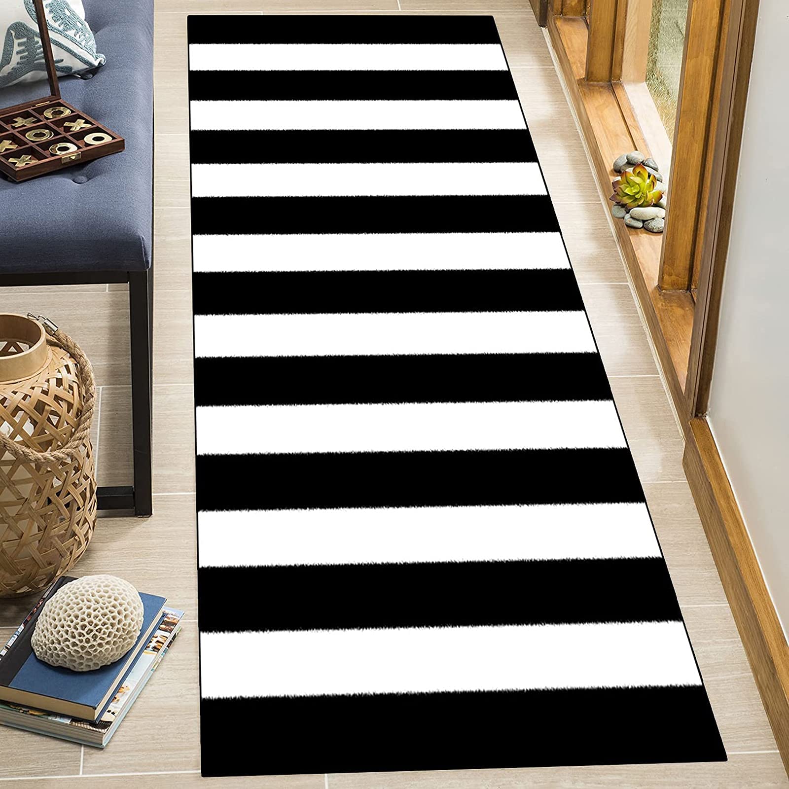 Teppich Läufer Flur Schwarz Weiss Streifen Küchenläufer Marokko Flur Teppich Küchen Teppich Waschbar Rutschfest Flur Teppich Korridor Teppich Für Küche Wohnzimmer Schlafzimmer ,Schwarz,60x150cm