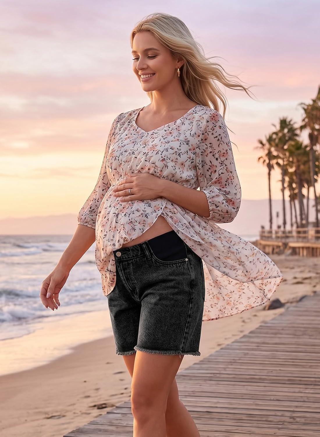 BLENCOT Maternity Bermuda Shorts Bump-Friendly Stretchy Raw Hem Summer Jeans Pregnancy with Pockets