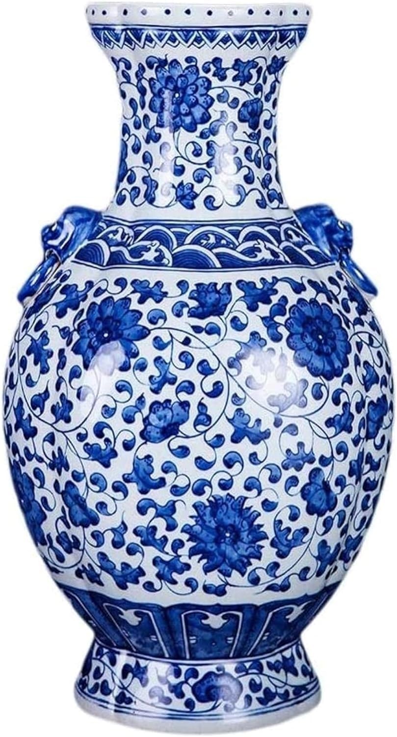 Vase bouteille en céramique artisanale bleu et blanc avec anses lion chic