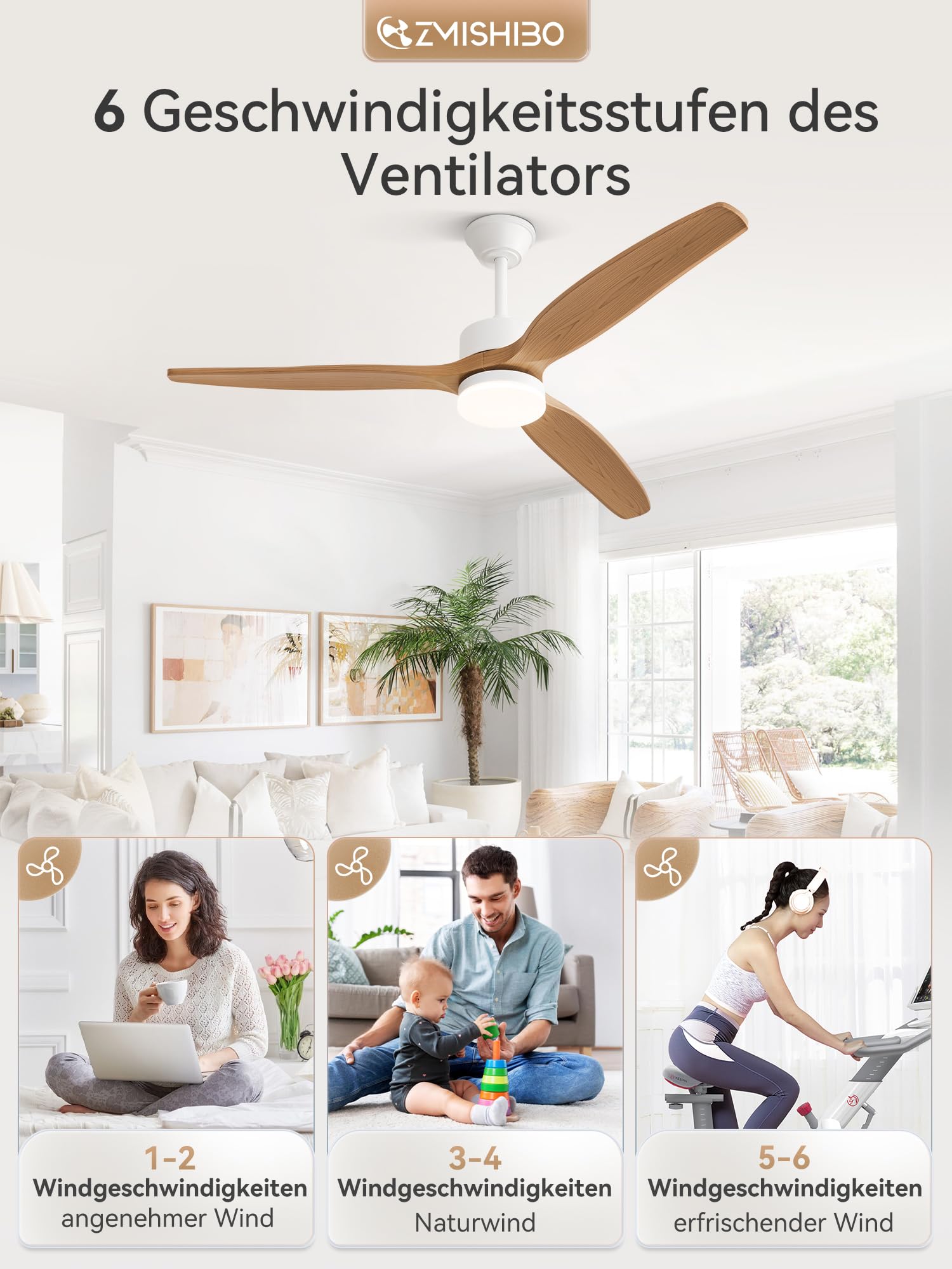ZMISHIBO 132 cm Deckenventilator mit Licht, 3 ABS-Holzoptik Flügel, Leiser DC-Motor, 3 Farbtemperaturen 3000K–6000K, 6 Geschwindigkeiten, Sommer/Winter Umschaltung, APP- & Fernbedienung, 2/4H Timer