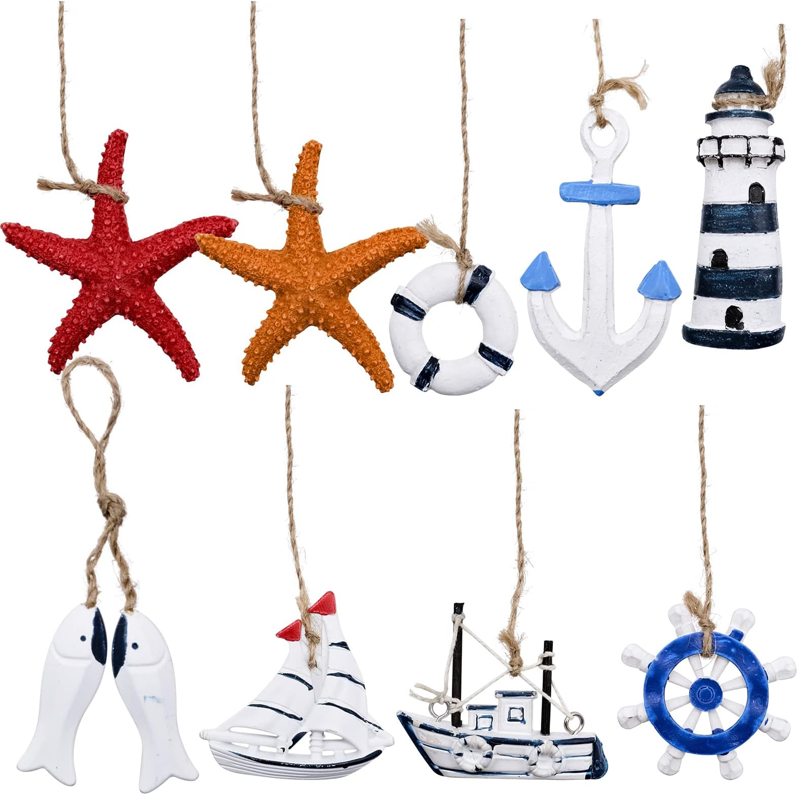 9Pcs Wooden Mini Beach Ornament Kit - Nautical Marine Decoration Home Wall Ornaments Gifts, Sailboats/Fish/Lifebuoy/Anchor/Oar/Starfish/Lighthouse/Boats