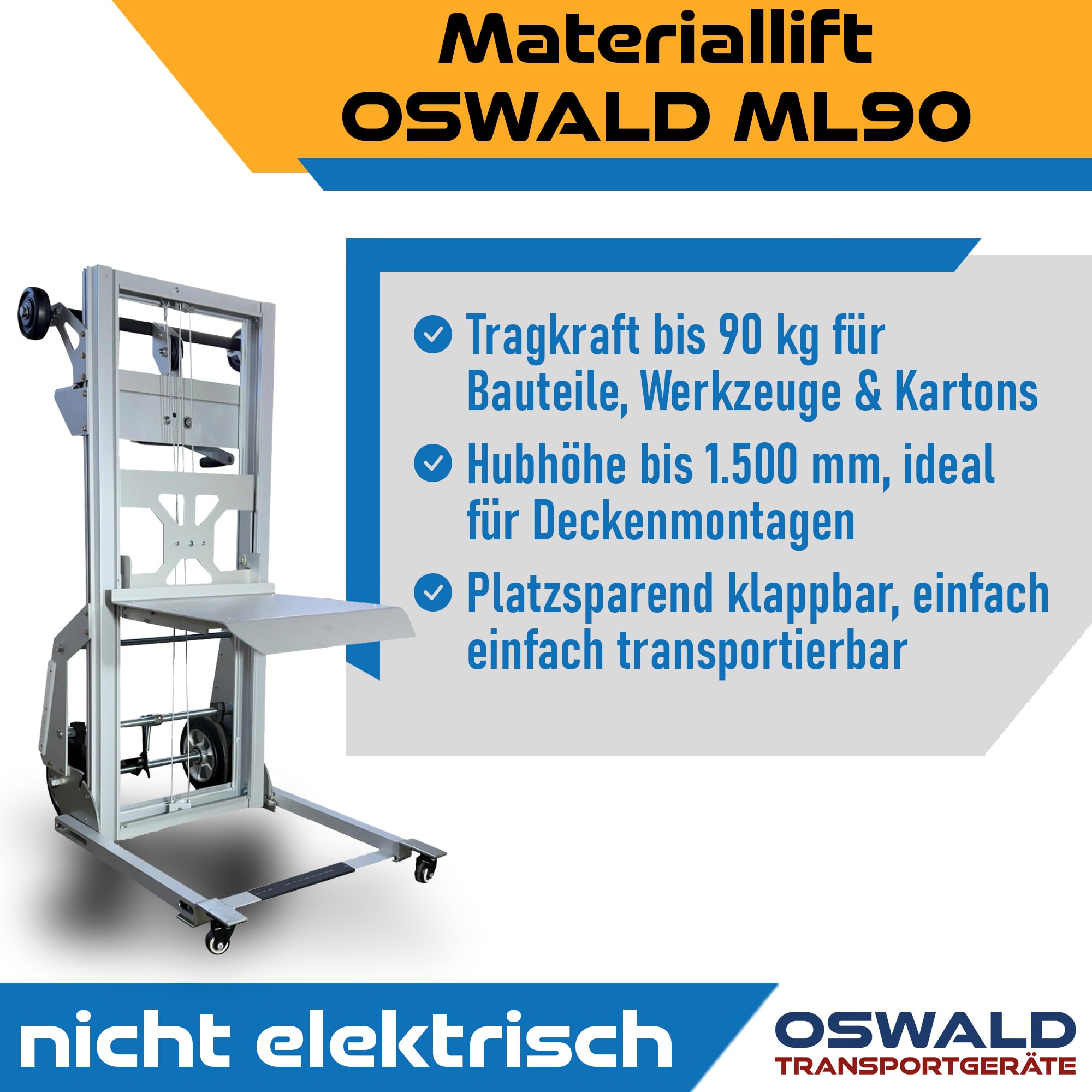 Materiallift ML90 - klappbar mit Plattform - 90 kg Tragkraft - 1550 mm Hubhöhe - Stapler Hubwagen
