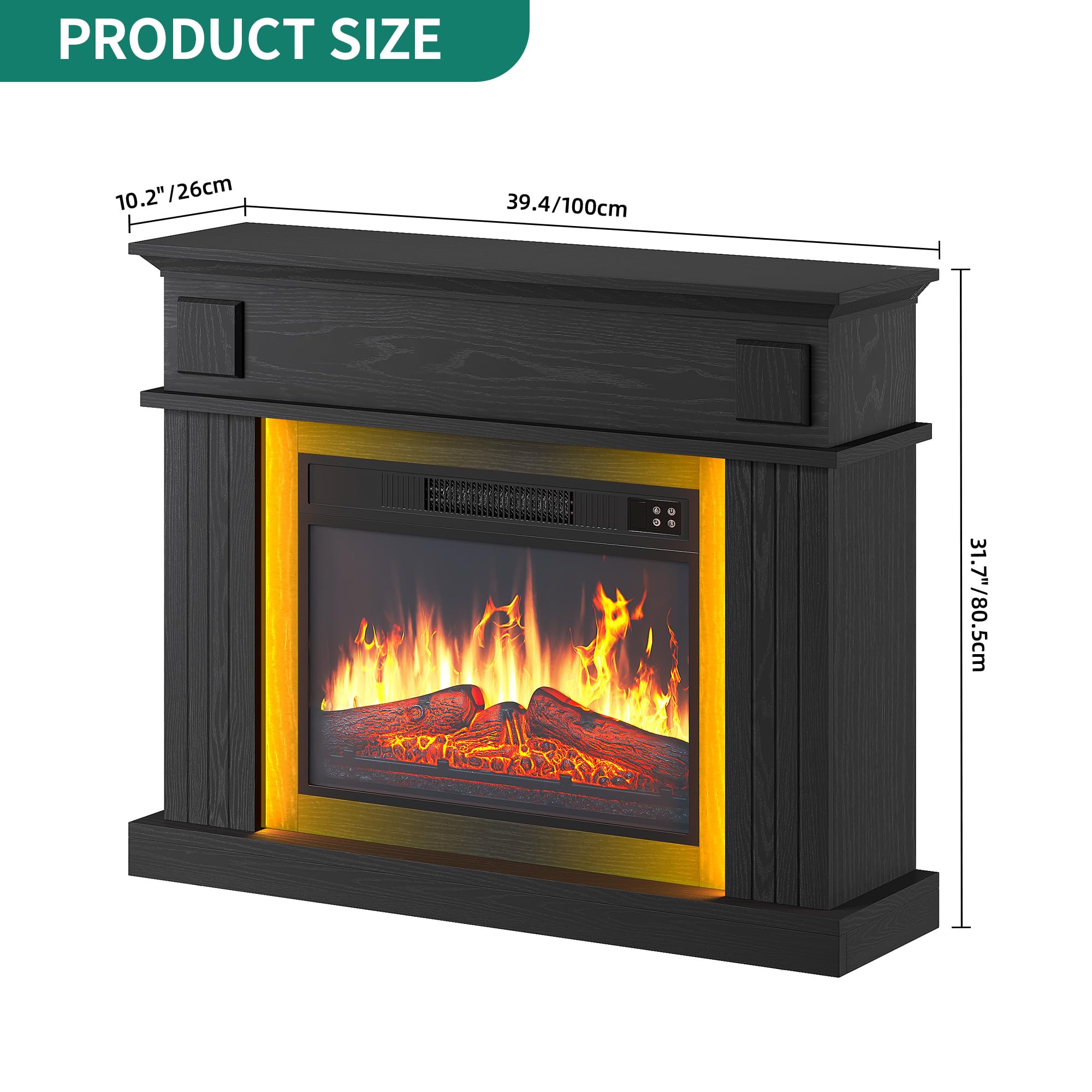YITAHOME 39 Camino Elettrico da Terra, Effetto Fuoco 3D, Timer, Nero | Camino Finto Decorativo LED d'ambiente, Caminetto Elettrico da Terra con termostato e telecomando, 100X26X80.5CM