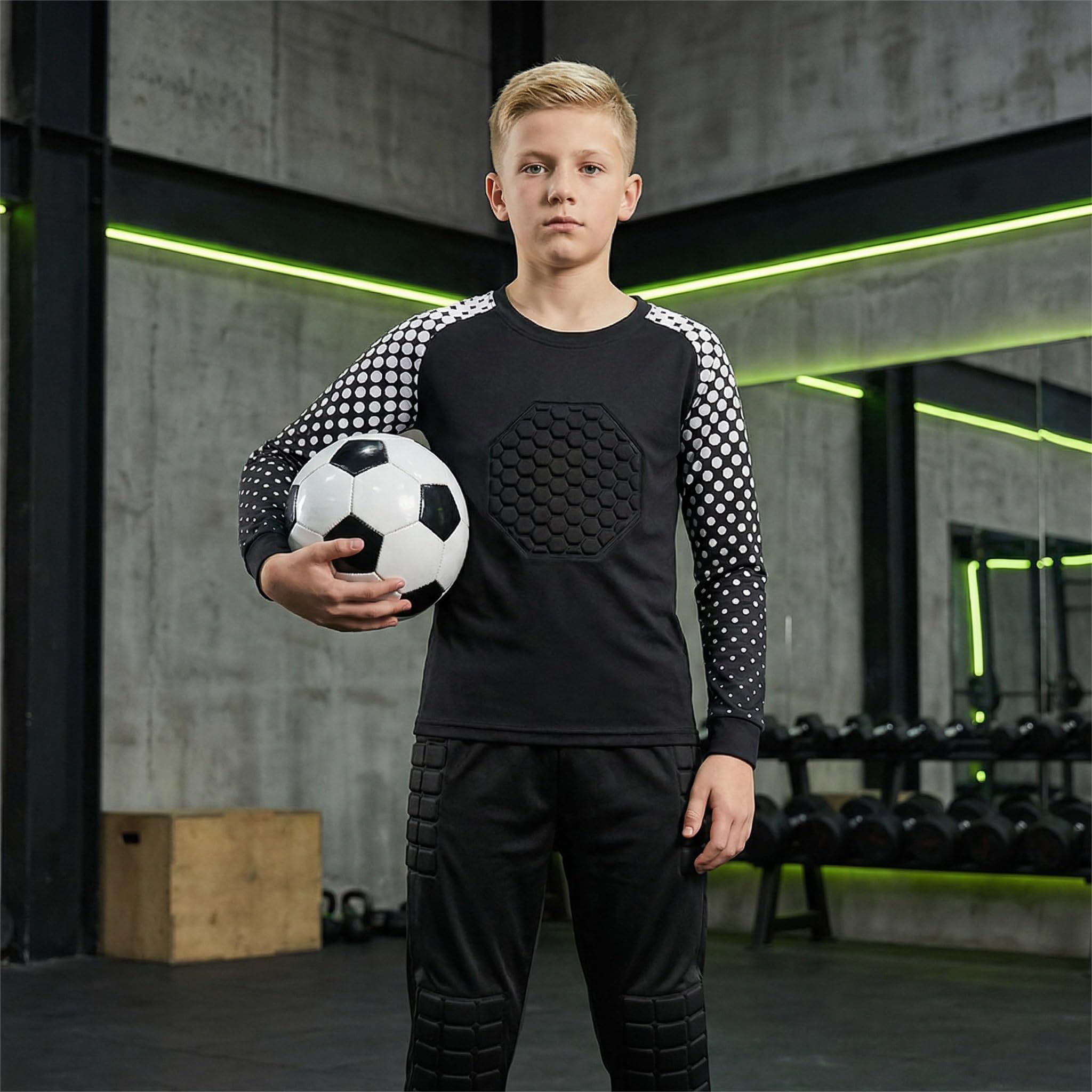 Kit de portero de fútbol para niños y niños, camiseta de manga larga y pantalones con cintura acolchada, kit de entrenamiento de fútbol