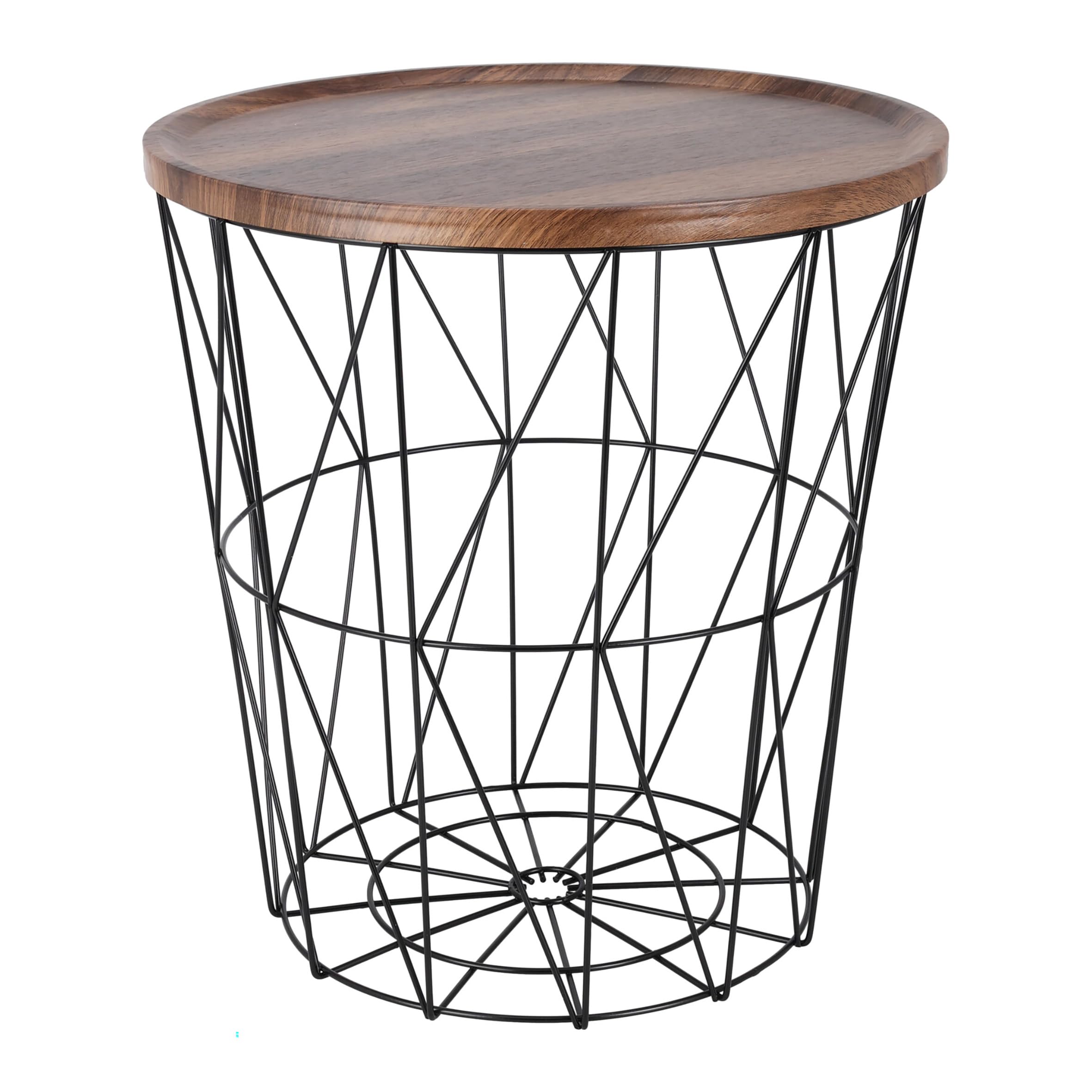 Spetebo Gitterkorb Beistelltisch Metall 39 cm - Schwarz | Holz Optik Tischplatte in braun, Mit Aufbewahrungskorb, Staufach, Couchtisch/Kaffeetisch/Dekotisch