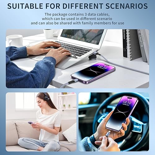 Miniatura 6 de Paquete de 3 cargadores para iPhone de 10 pies con certificación MFi de Apple, cable Lightning trenzado de nylon de carga rápida, cable de carga USB