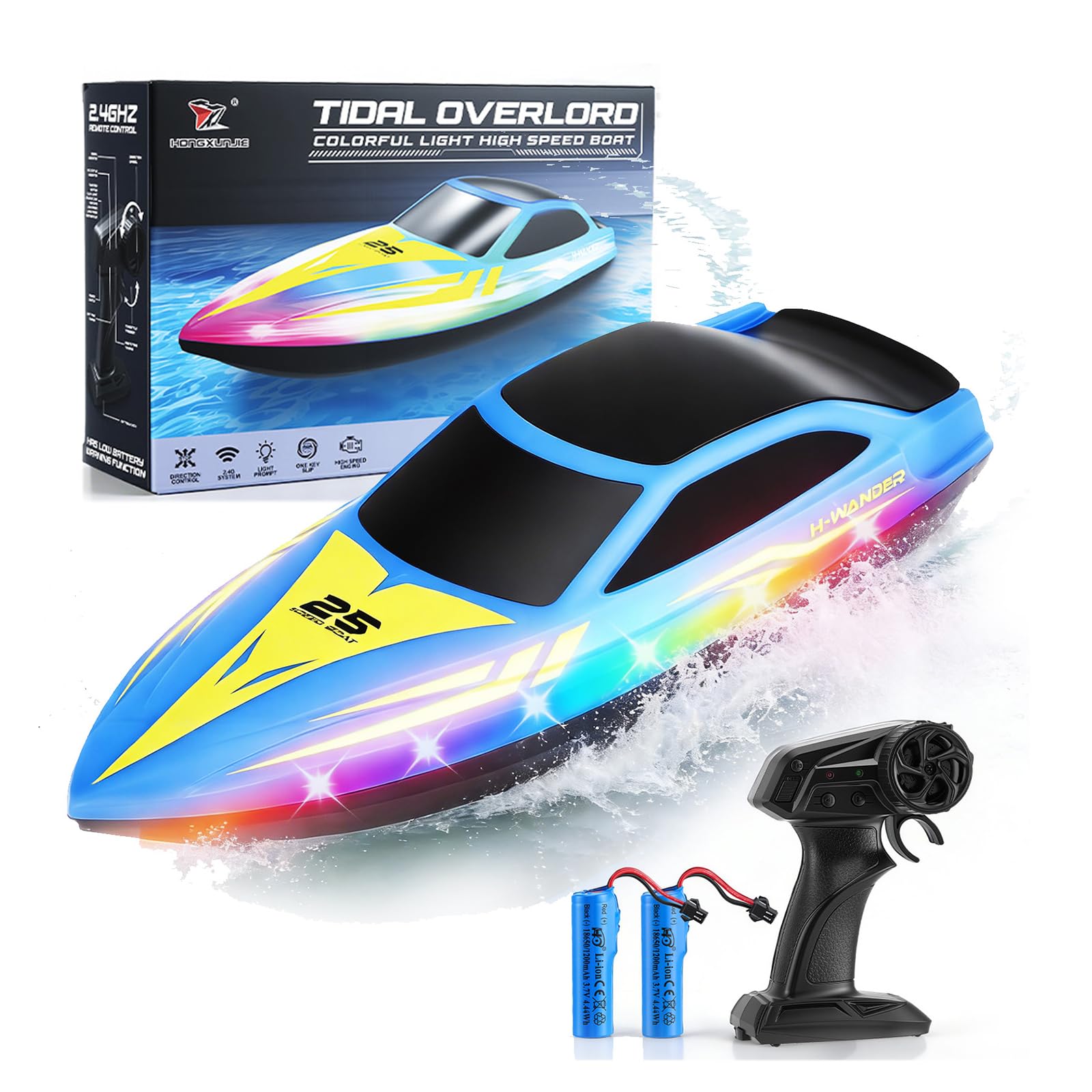 Paquete de 2 botes teledirigidos con luz LED y 2 baterías, 24 km/h, barcos de carreras de 2,4 GHz para piscinas y lagos, juguetes de agua de verano, regalo para niños de 8 a 12 años para piscinas y