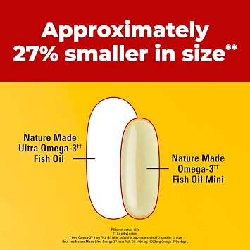 Nature Made Extra Strength Burp Less Fish Oil Omega 3 Supplements 1400 mg Minis, Omega 3 Fish Oil as Ethyl Esters for Healthy Heart Brain Eyes Support, 60 Softgels, 30 Day Supply