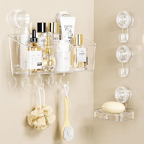 LUXEAR Paquete de 4 unidades de ventosa para ducha, color blanco transparente, estante de ducha, jabonera, ganchos de succión, instalación en 1