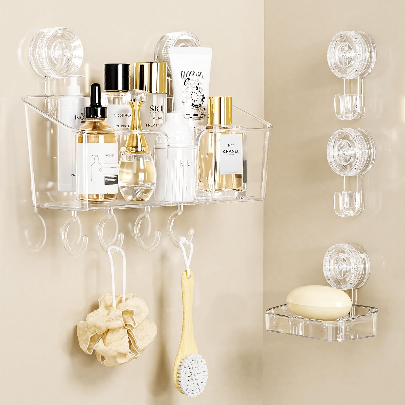 LUXEAR 4 Packs Shower Caddy Suction Cup Clear White - Shower Shelf Soap Dish Suction Hooks - 1