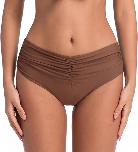 COCOPEAR Mid Rise Bathing Suit Bottoms for Women Ruched Tummy Control Swim Bottoms Full Coverage Bikini Bottoms for Women