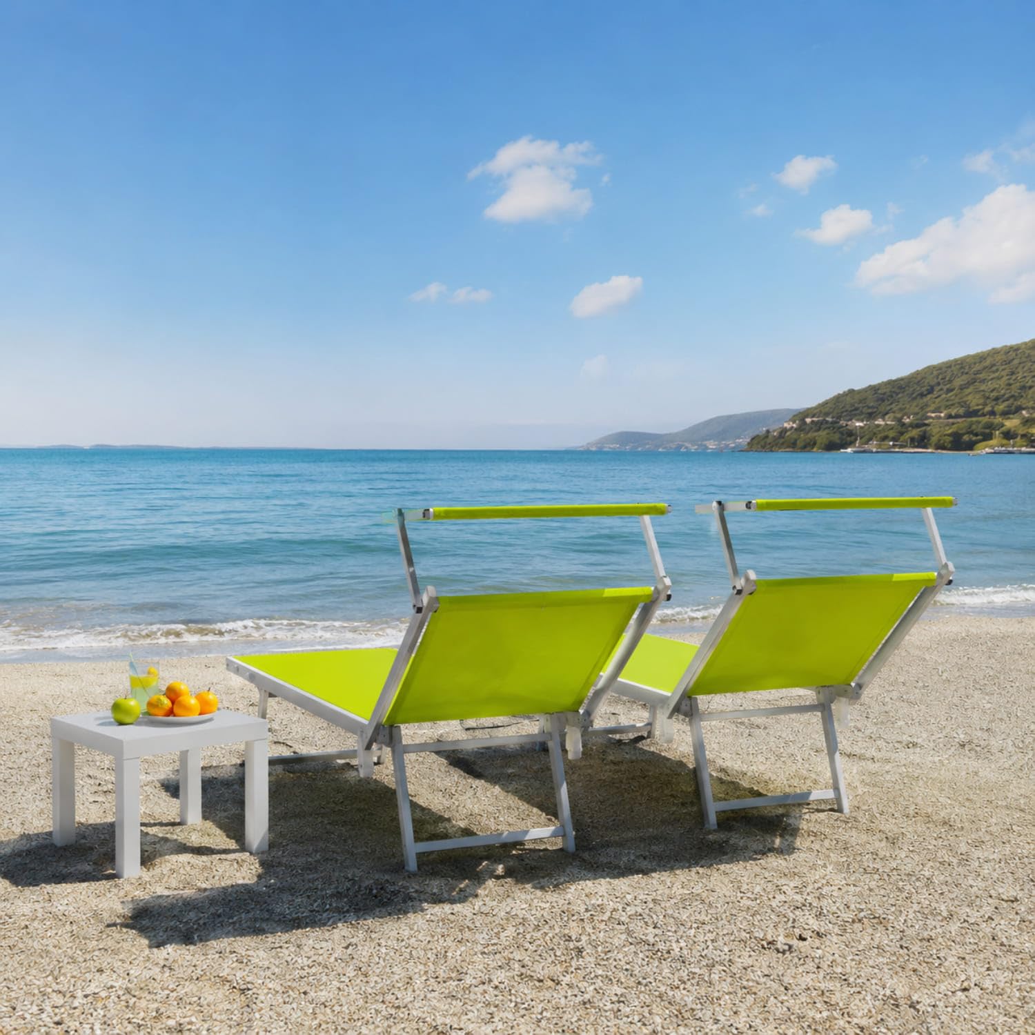Coppia Di Lettini Prendisole Pieghevole Professionale In Alluminio Tettuccio Orientabile Tettino Parasole Sdraio Lettino Prendi Sole Mare Spiaggia Piscina Giardino 182 x 60 x 38 cm Verde Fluo