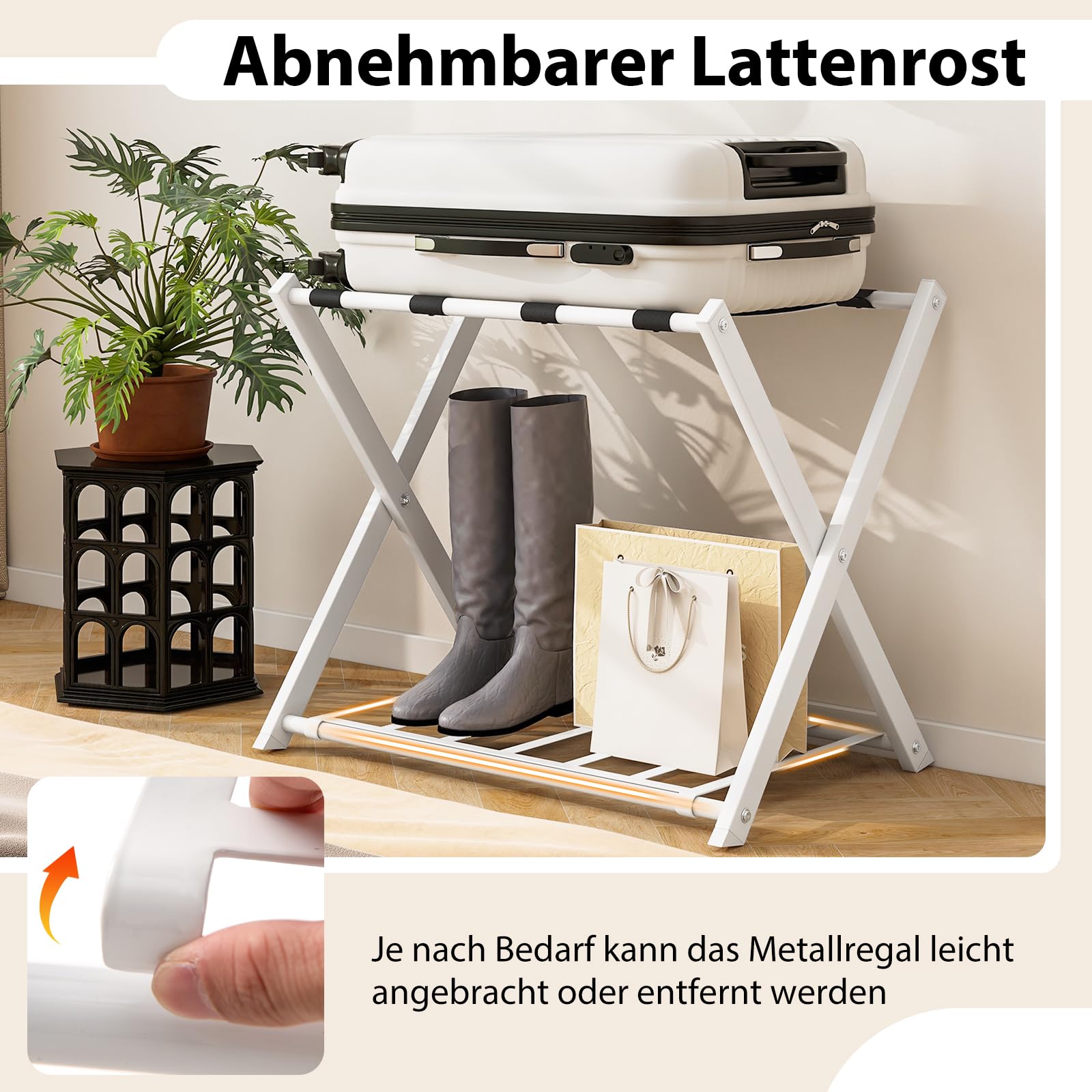 GIANTEX Kofferständer Klappbar, 2-Stöckige Kofferablage Metall, Gepäckablage Gepäckständer Hotel Gästezimmer, Kofferbock Klappbar Platzsparend, Weiß + Schwarz, 68x 45 x 57 cm