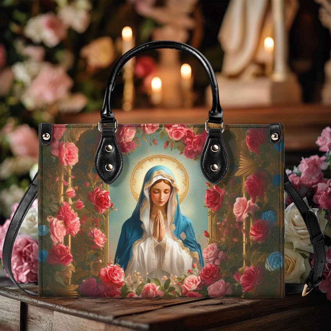 Our Lady of Lourdes Handbags For Women Blessed Mother Purses Medium Tote Satchel Bag with Top Handle/Strap Virgin Mary Gift