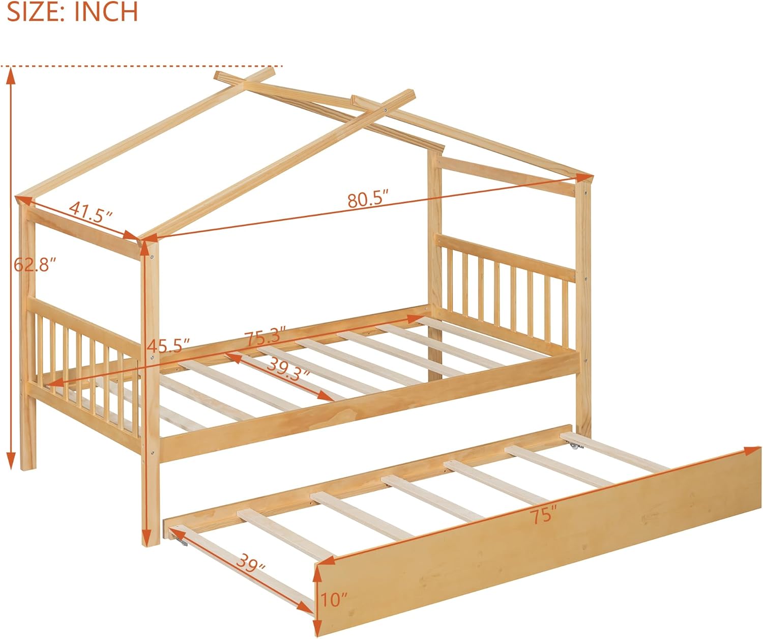 Twin Size Wooden House Bed with Trundle, Kids Twin Montessori Bed with Roof, Solid Wood Platform Bed Frame with Rails, Playhouse Trundle Beds, No Box Spring Needed, Easy Assembly, Natural