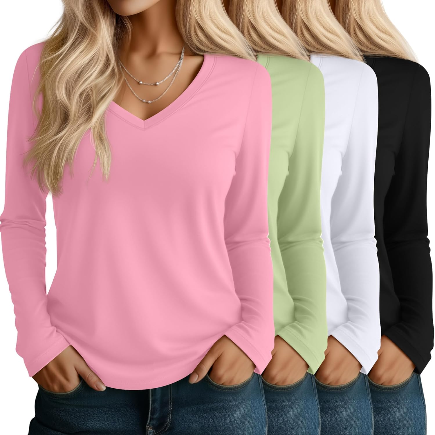 Huukeay 4 Pack Women's V Neck Long Sleeve T Shirts Basic Tops Casual Fall Loose Fit Blouse Tee Clothes Fashionable Outfits
