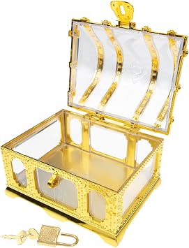 Zerodeko Treasure Chest, Plastic Pirate Box with Lock and Key, Vintage Keepsake Jewelry Container Clear Prize Box Decorative Storage Box Desktop Organizer Party Favors for Kids Adults Golden
