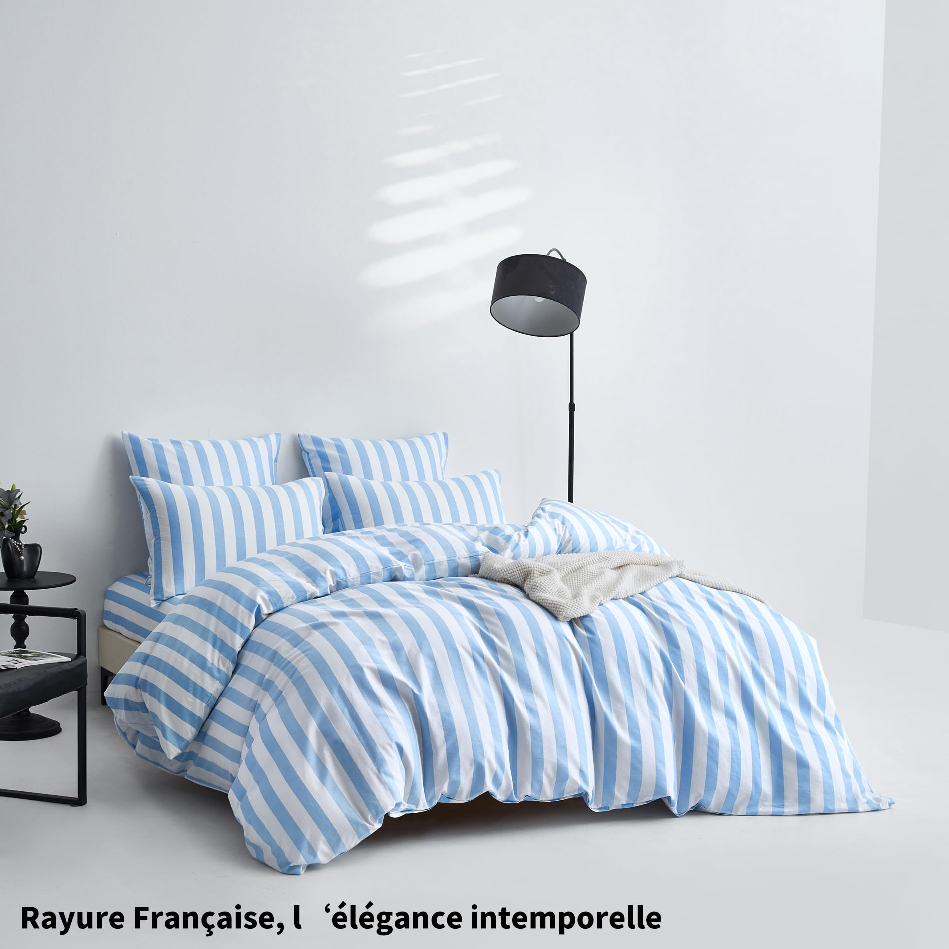 Funda nórdica de 200 x 200 cm, algodón, color azul claro y blanco a rayas, juego de cama de 200 x 200 cm, algodón, estilo moderno, suave, transpirable, ropa de cama para 2 personas, con