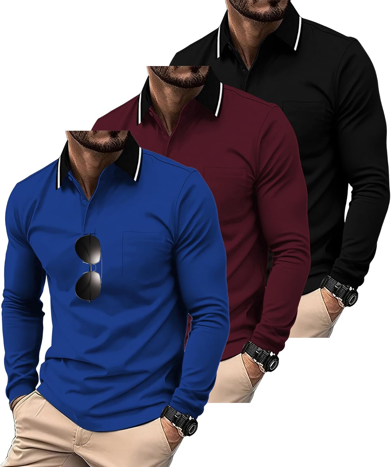 ZITY 3 Pack Men Polo Shirts Long Sleeve with Pocket Golf Shirts Shirts for Men Casual Work Athletic Collared T-Shirts