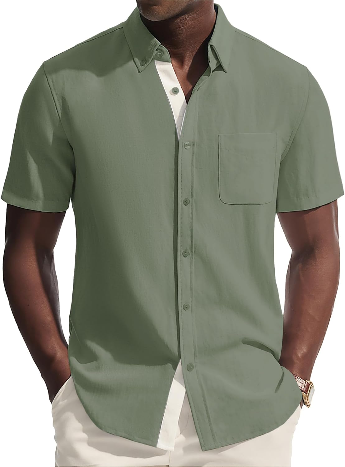 PJ PAUL JONES Mens Button Down Shirt Linen Short Sleeve Dress Shirts for Men Beach Summer Wedding Untucked Shirt