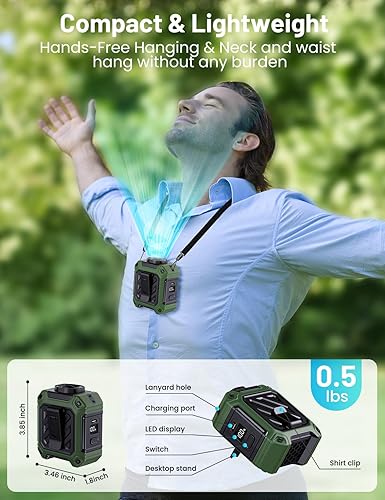 Miniatura 8 de Ventilador de cintura manos libres de 10000 mAh con clip para cinturón, 5 velocidades, enfriamiento de 40 horas y linterna incorporada, ventilador