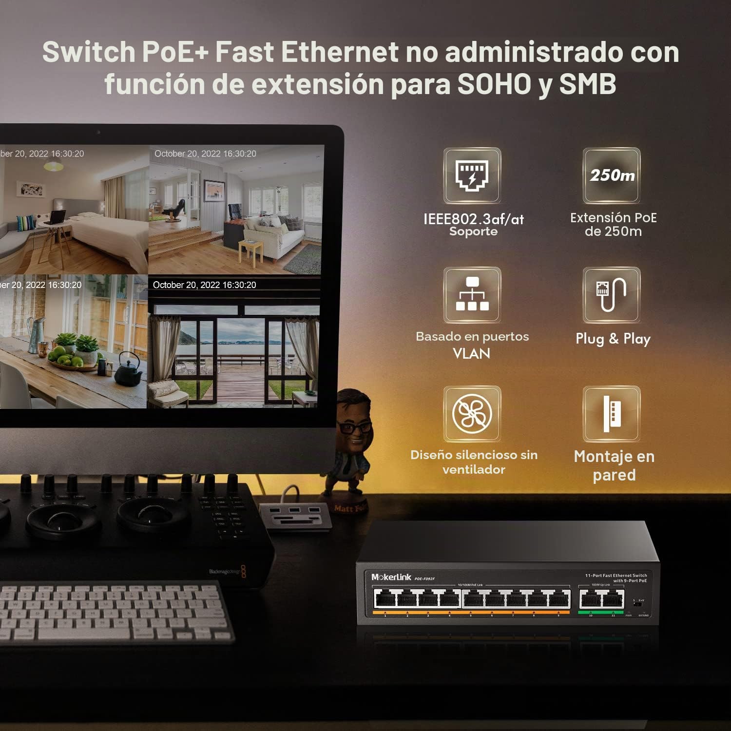 Mokerlink 11 Puertos PoE Switch with 9 Puertos PoE+, 2 Fast Ethernet UpLink, 100 Mbps, 120 W 802.3 AF/at PoE, Fanless Plug & Play Network Switch