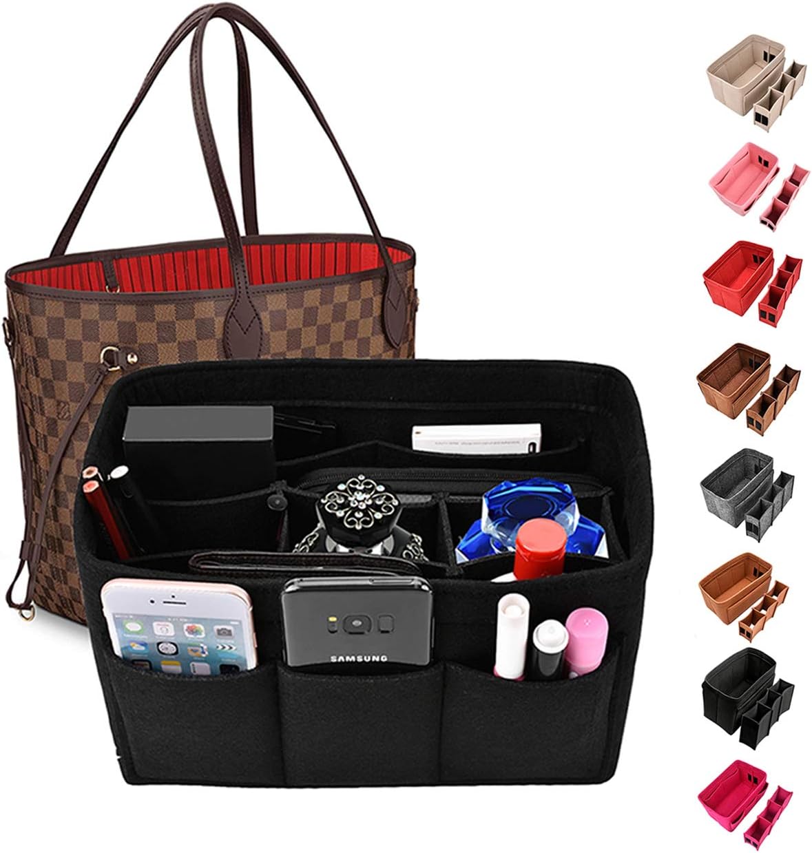 Kumako handbag organizer,Felt purse insert bag organizer fit LV neverful,Speedy,Longchamp&Tote Bag(XL, Black)