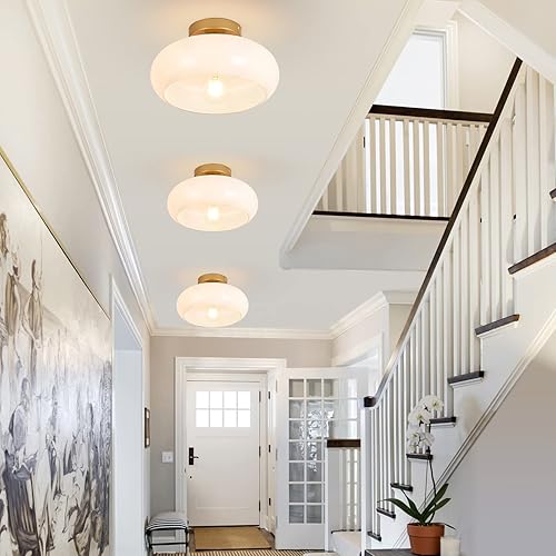 Miniatura 7 de WOKNOS Lámpara de techo semiempotrada moderna de mediados de siglo, lámpara de techo de cocina con pantalla de vidrio, lámpara vintage blanca y