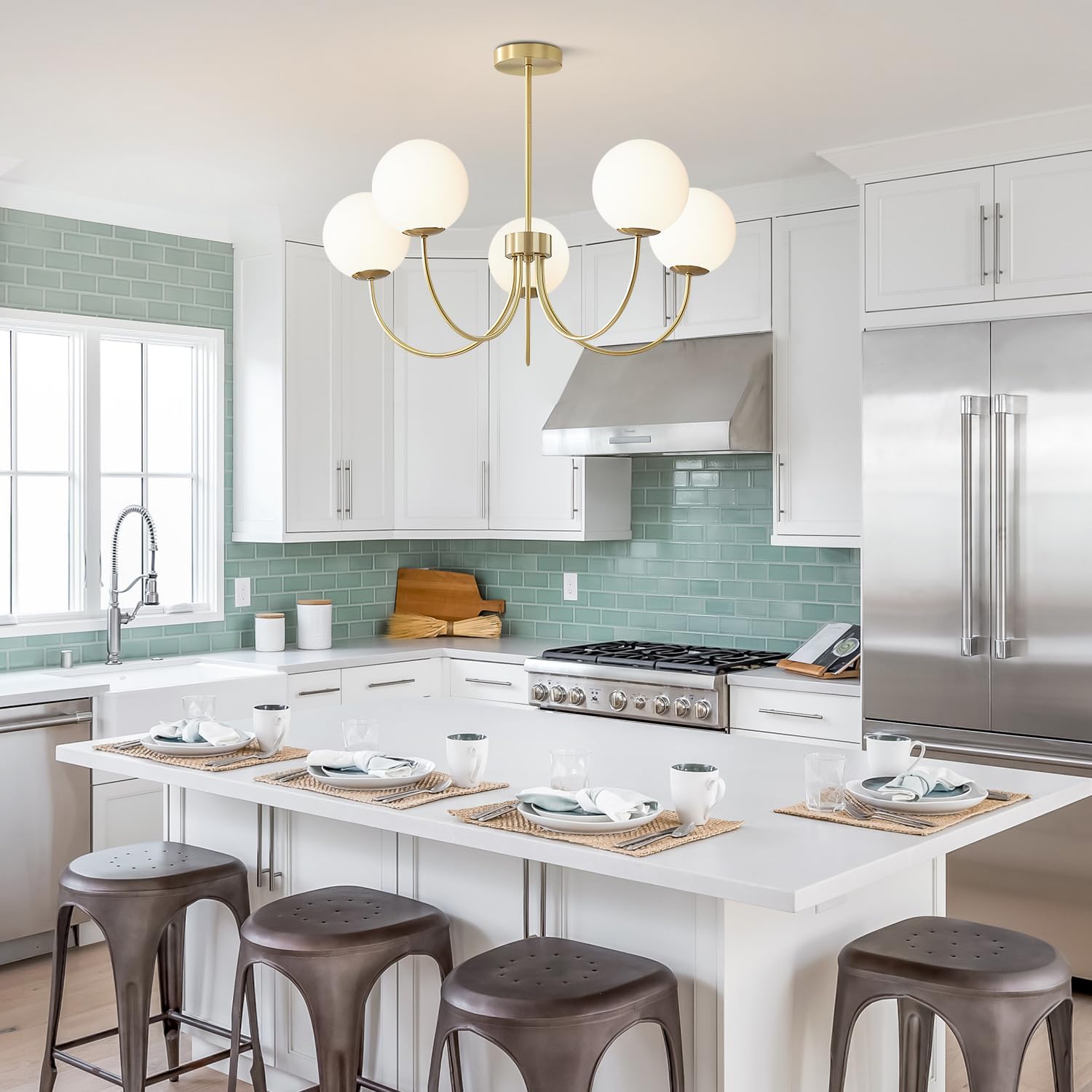 Modern Gold Sputnik Chandelier Large Frosted Globe Chandelier Milk Glass Pendant Light Fixtures Brass Flush Mount Chandelier 5 Light Chandeliers for Dining Room Kitchen