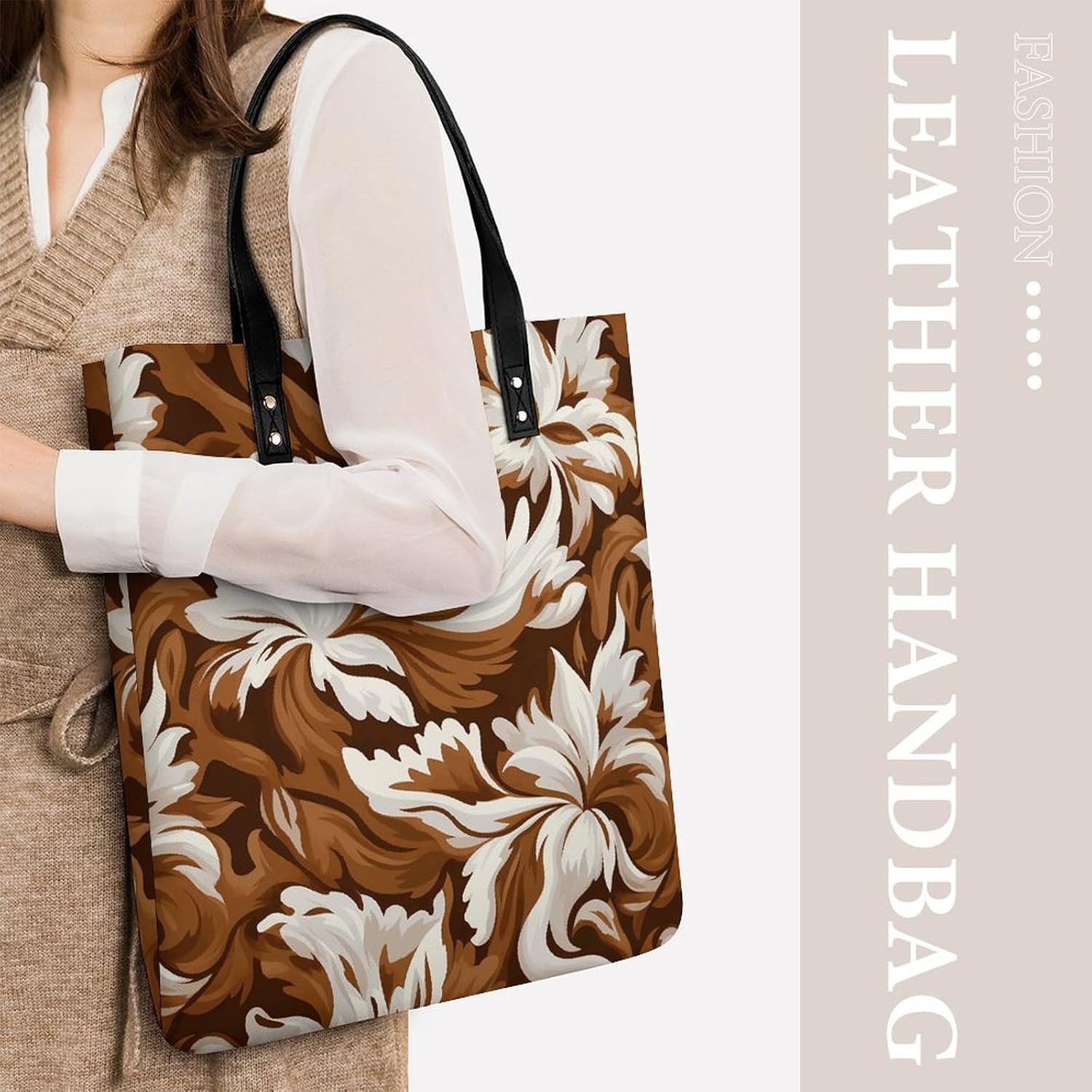 Brown And White Pattern Handbags Large Capacity, Tote Bag Stylish Slouchy, Shoulder Bags for Work Beach Travel And Shopping Grocery.