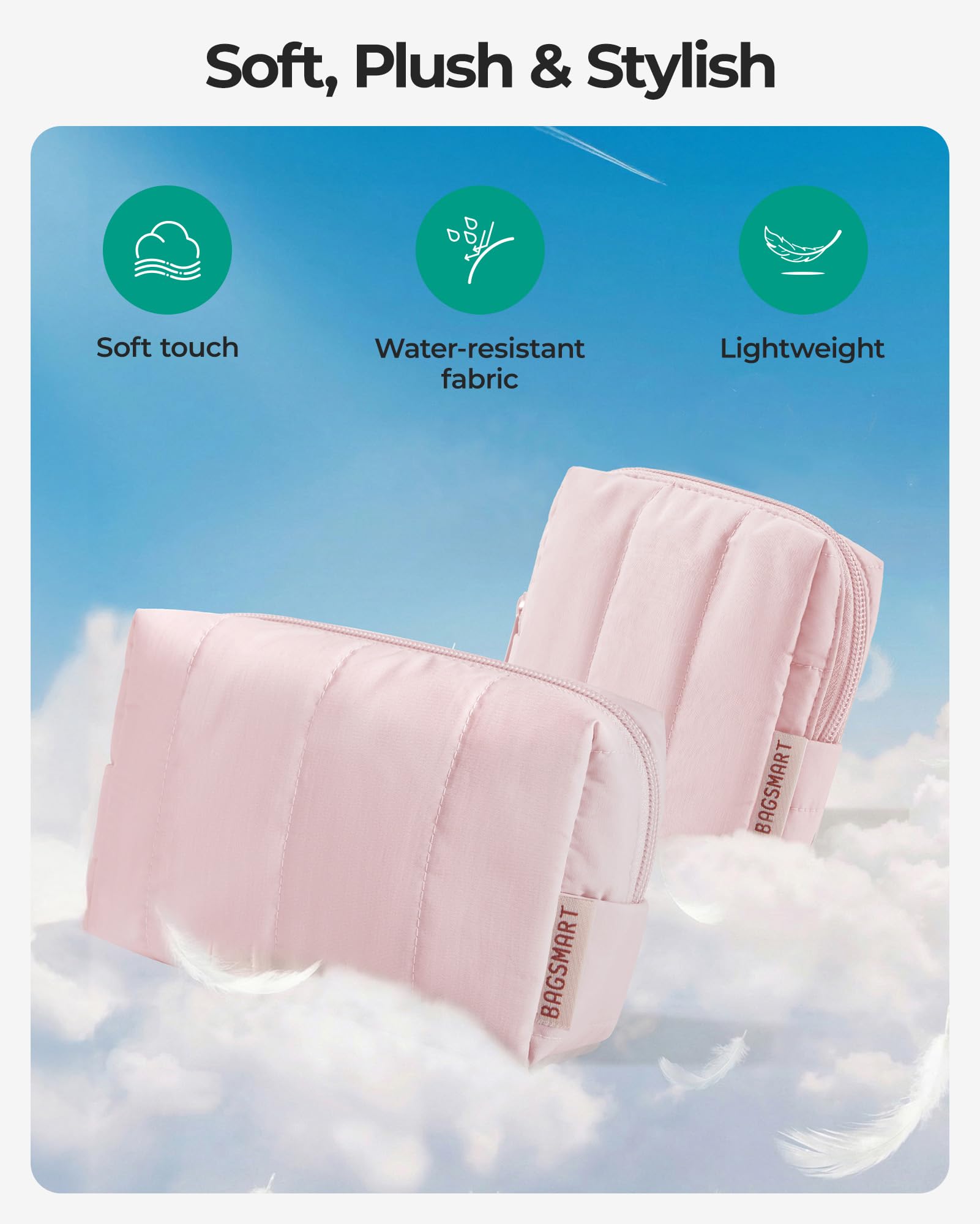 BAGSMART Makeup Bag Duo Set, Puffy Padded Travel Cosmetic Organizer with Slip-in Pockets, Large Toiletry Bag & Small Purse Pouch, Travel Essentials for Women, Baby Pink — view 4