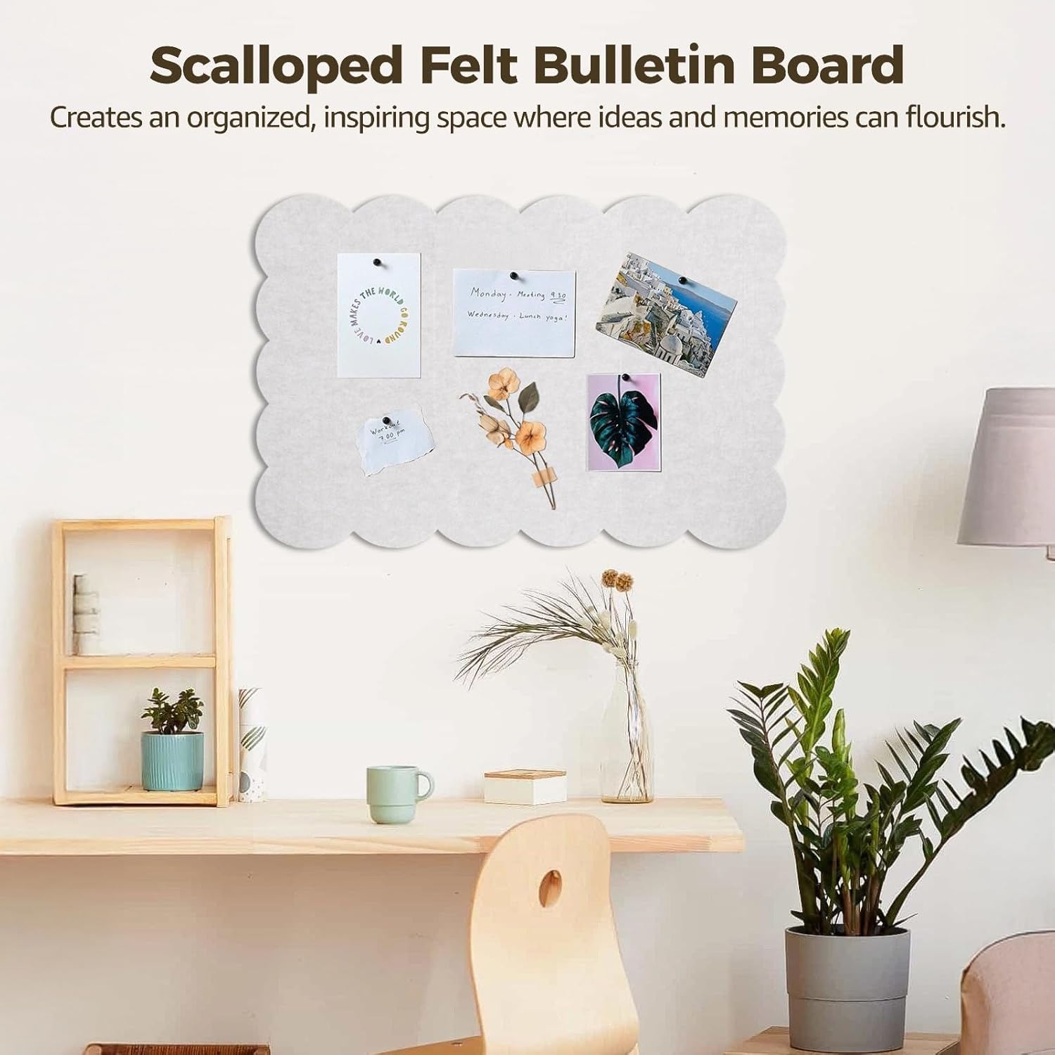 Self-Adhesive Felt Board with Scalloped Edge, 35.4X23.6 Large, Foldable Decorative Wall Photo Board for Home, Office, Alternative Bulletin Board