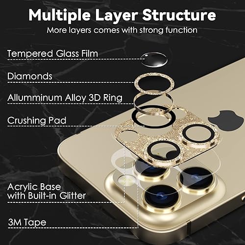 Miniatura 6 de CloudValley Protector de lente de cámara con purpurina para iPhone 14 ProiPhone 14 Pro Max, vidrio templado 9H diseño todo en 1, compatible con
