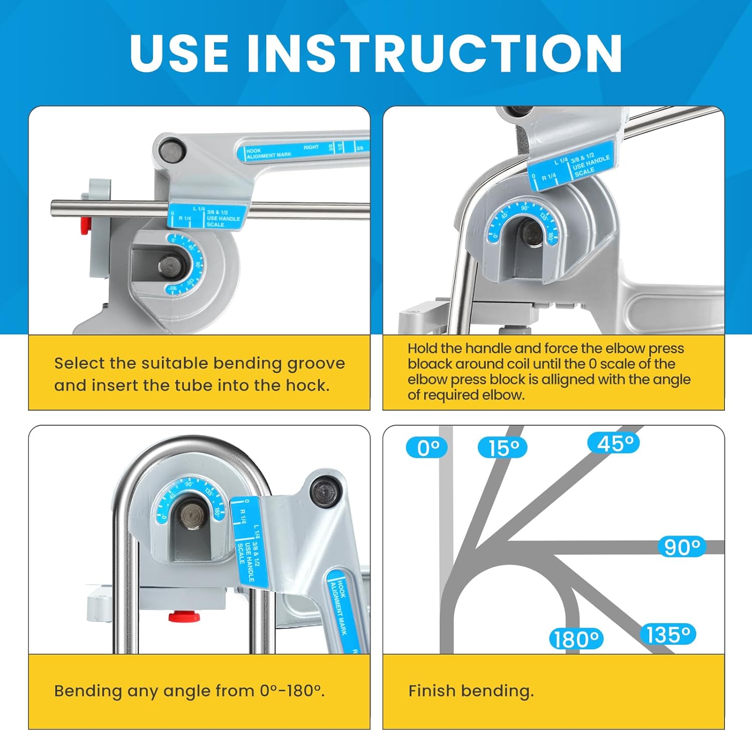 Pipe Tube Bender 3 in 1, 1/4", 3/8", 1/2" OD, Manual Level Tube Bender, 180° Copper Aluminum Pipes Bending Tools for HVAC Air Conditioning