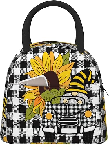 Oplp Divertida bolsa de almuerzo de gnomo de verano con diseño de gnomo de conducir y girasol, bolsa de almuerzo reutilizable para preparación de