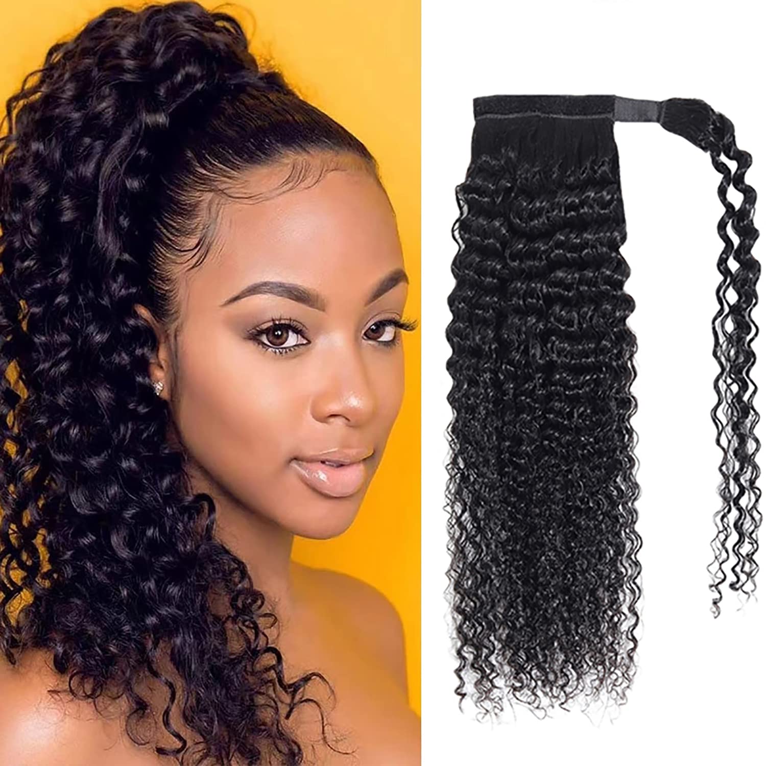 Long 22 Inch Hair Ponytail Wrap Around Kinky Curly Thick Brazilian Human Hair Extensions Jerry Curl Clip ins Silky Hair Pieces Heat Resistant Curly Natural Black for Black Women(22 inch)