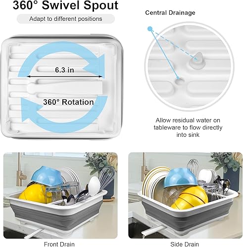 Miniatura 3 de Escurridor de platos plegable portátil para encimera de cocina, tapones de drenaje y puertos de drenaje giratorios, ahorro de espacio, adecuado para