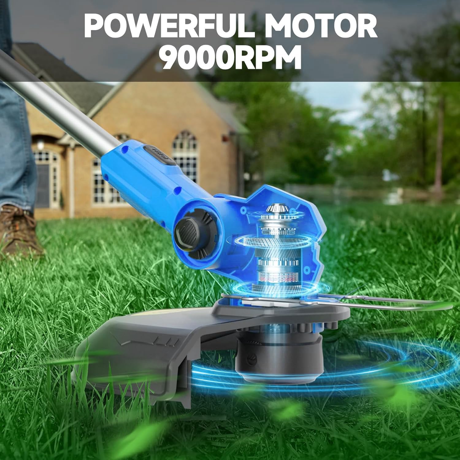 Cortabordes a Batería con 2 Baterías 2.0Ah y Cargador - Desbrozadora Eléctrica Ultraligera 1,9kg, Ancho de Corte 30cm, 9000RPM, 3 Bobinas de Hilo - Ideal para Jardín y Bordes (Hellblau)